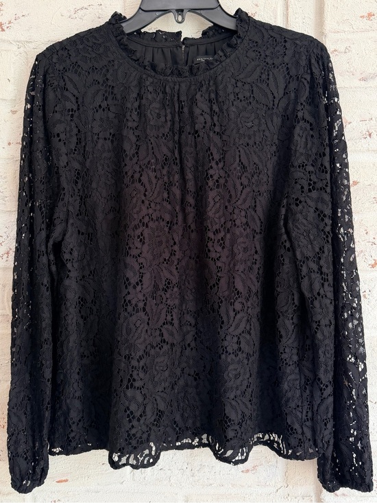 Ann Taylor Factory Tops - Ann Taylor Factory Black Floral Lace Overlay Blouse Sheer Sleeves XL Elegant Top